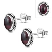 Large Oval Garnet Stud Silver Earrings, e336
